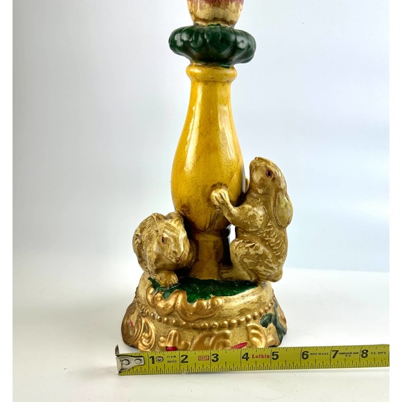 Vintage Bunny Rabbits Candle Stick Holder Rustic Whimsical Green Yellow Beige - Picture 9 of 10